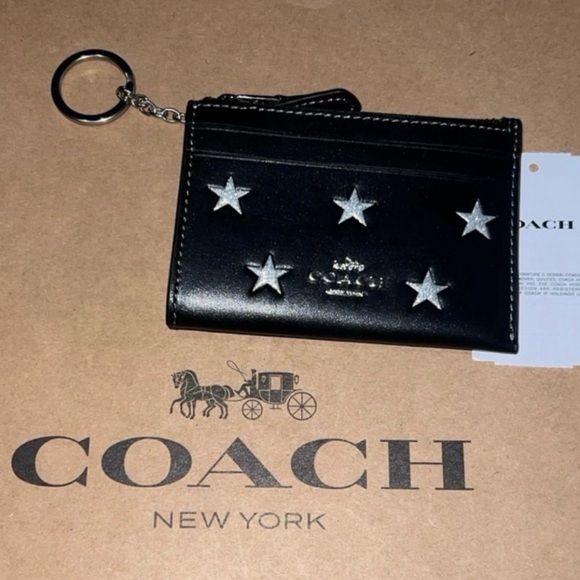 NWT COACH Mini Skinny Id Case w Star Print Black Calf Leather & Silver Star - Picture 1 of 4